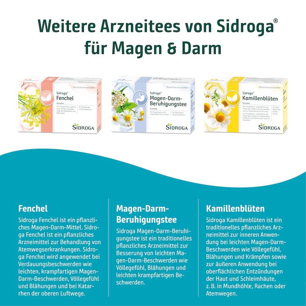 Sidroga Arzneitees für Magen und Darm im Überblick Übersicht der Sidroga Arzneitees Fenchel, Magen-Darm-Beruhigungstee und Kamillenblüten zur pflanzlichen Unterstützung bei Magen-Darm-Beschwerden.