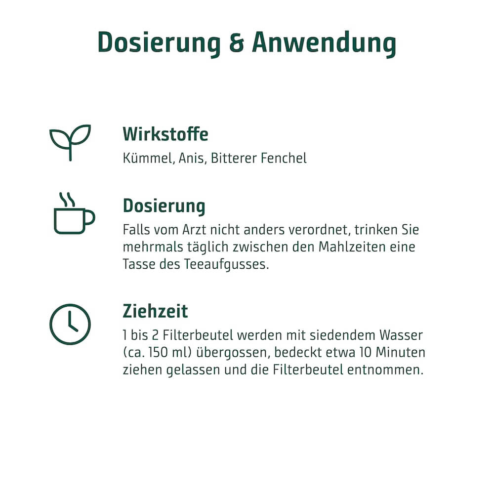 Dosierung und Anwendung von Sidroga Fenchel-Anis-Kümmel Dosierung, Ziehzeit und Wirkstoffe des Sidroga Fenchel-Anis-Kümmel Kräutertees mit Kümmel, Anis und Bitterem Fenchel.
