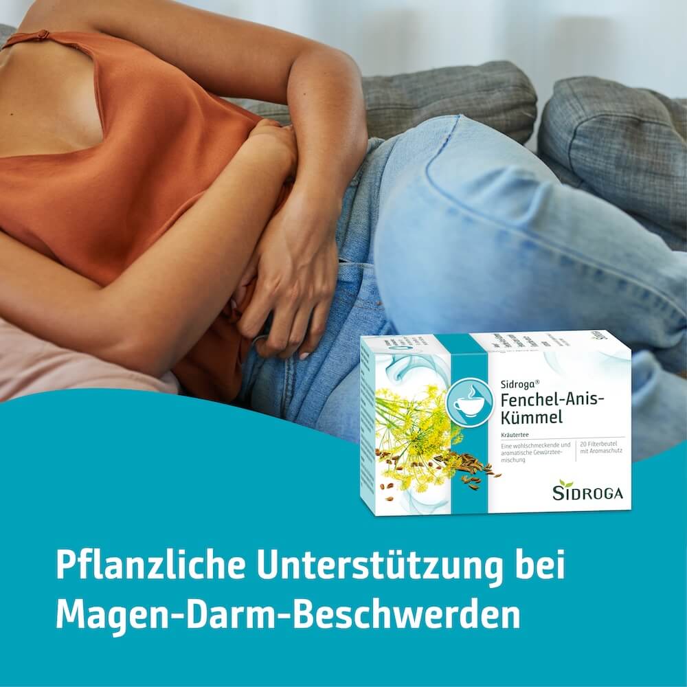 Sidroga Fenchel-Anis-Kümmel bei Magen-Darm-Beschwerden Sidroga Fenchel-Anis-Kümmel Kräutertee zur pflanzlichen Unterstützung bei Magen-Darm-Beschwerden wie Völlegefühl und Blähungen.