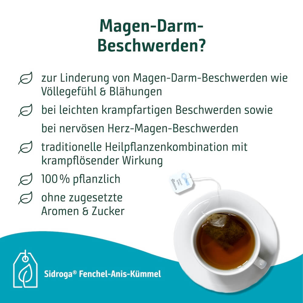 Vorteile von Sidroga Fenchel-Anis-Kümmel Sidroga Fenchel-Anis-Kümmel lindert Magen-Darm-Beschwerden, Blähungen und Völlegefühl mit einer traditionellen Heilpflanzenkombination.