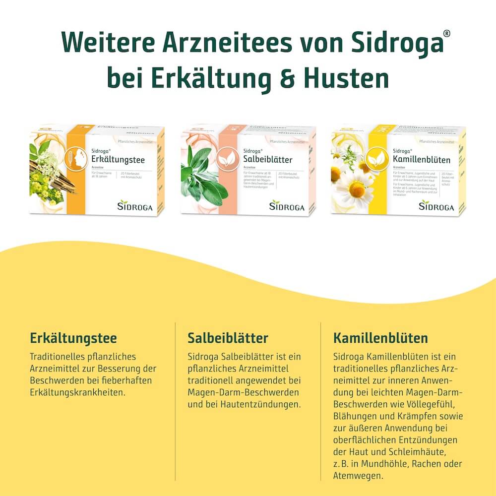 Sidroga Arzneitees bei Erkältung im Überblick Übersicht der Sidroga Arzneitees Erkältungstee, Salbeiblätter und Kamillenblüten zur pflanzlichen Unterstützung bei Erkältungsbeschwerden.