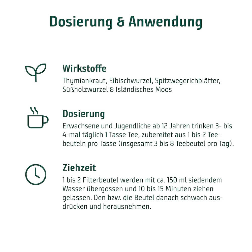 Dosierung und Anwendung des Sidroga Husten- und Bronchialtees Dosierung, Ziehzeit und Wirkstoffe des Sidroga Husten- und Bronchialtees mit Thymian, Eibischwurzel und Spitzwegerich.