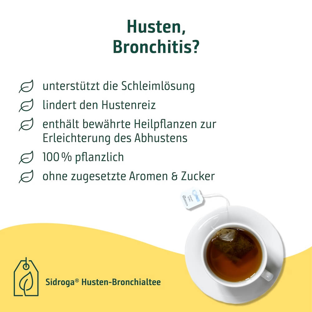Vorteile des Sidroga Husten- und Bronchialtees Sidroga Husten- und Bronchialtee unterstützt die Schleimlösung, lindert den Hustenreiz und erleichtert das Abhusten.