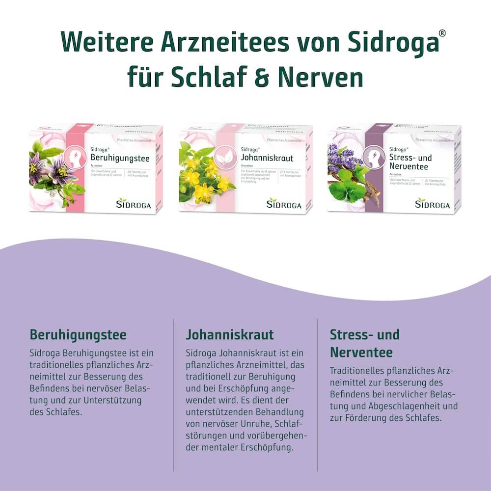Sidroga Arzneitees für Schlaf und Nerven im Überblick Übersicht der Sidroga Arzneitees Beruhigungstee, Johanniskraut sowie Stress- und Nerventee zur Unterstützung bei Schlafproblemen und nervlicher Belastung.