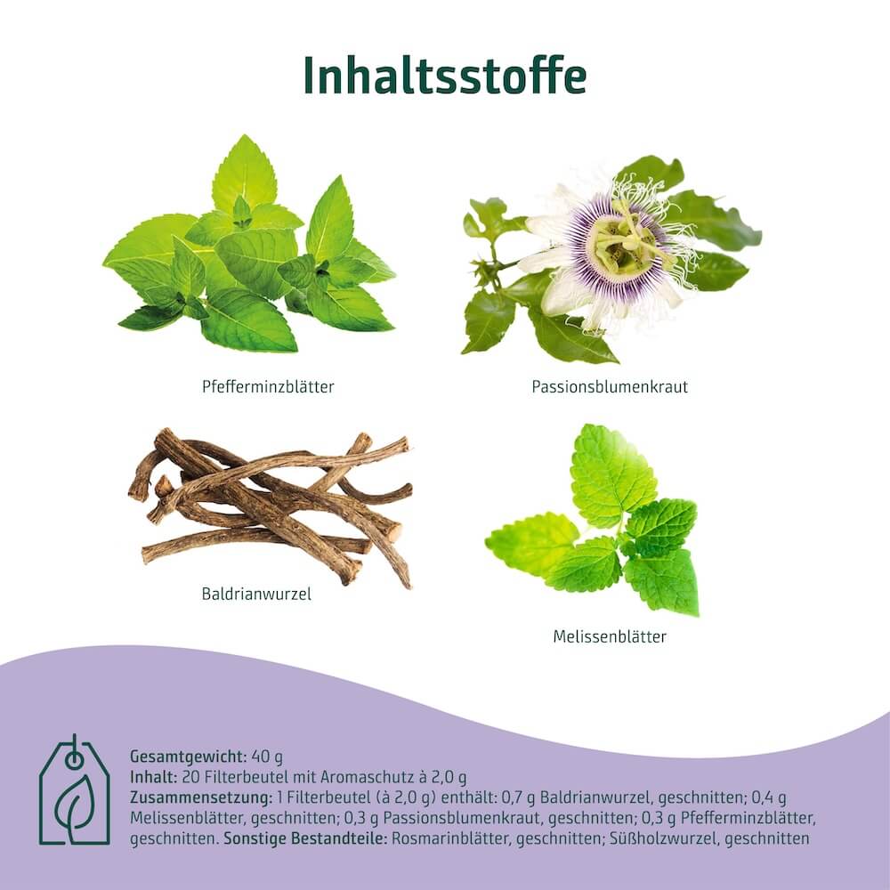Inhaltsstoffe des Sidroga Schlaf- und Nerventees Inhaltsstoffe des Sidroga Schlaf- und Nerventees mit Baldrianwurzel, Melissenblättern, Passionsblumenkraut und Pfefferminzblättern.