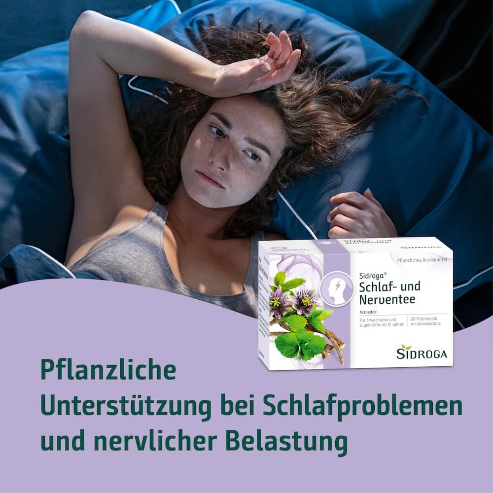Sidroga Schlaf- und Nerventee bei Schlafproblemen Sidroga Schlaf- und Nerventee zur pflanzlichen Unterstützung bei Schlafproblemen, nervlicher Belastung und innerer Unruhe.