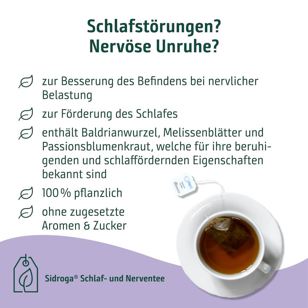 Vorteile des Sidroga Schlaf- und Nerventees Sidroga Schlaf- und Nerventee unterstützt bei nervlicher Belastung, fördert den Schlaf und enthält Baldrian, Melisse sowie Passionsblume.