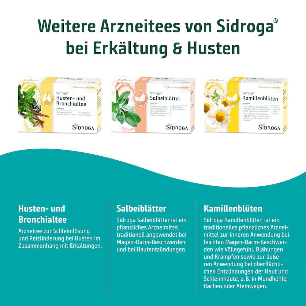 Übersicht der Sidroga Arzneitees Thymian, Husten- und Bronchialtee, Salbeiblätter und Kamillenblüten bei Erkältung und Husten.