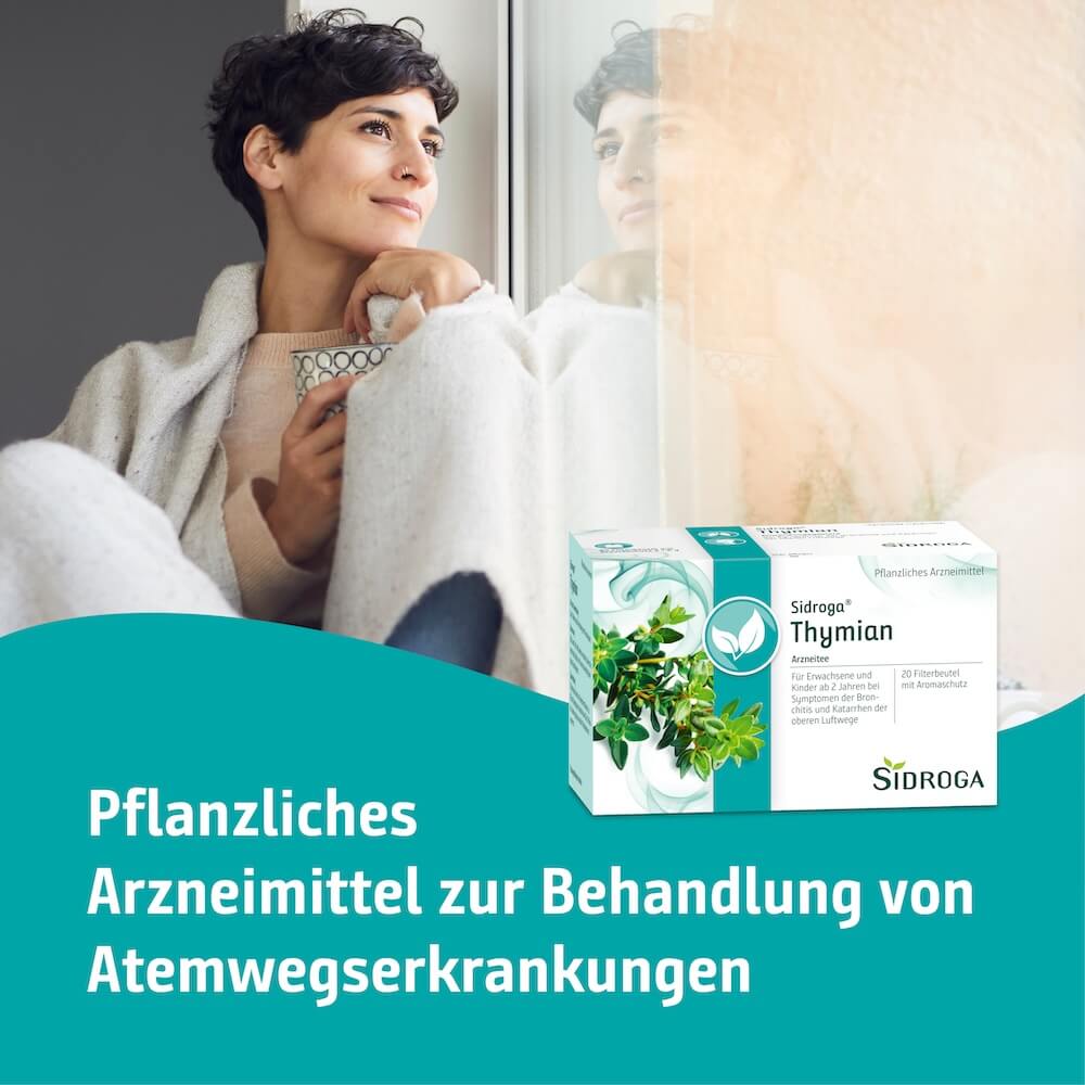 Sidroga Thymian Arzneitee zur pflanzlichen Behandlung von Atemwegserkrankungen sowie zur Linderung von Bronchitis und Katarrhen der oberen Luftwege.