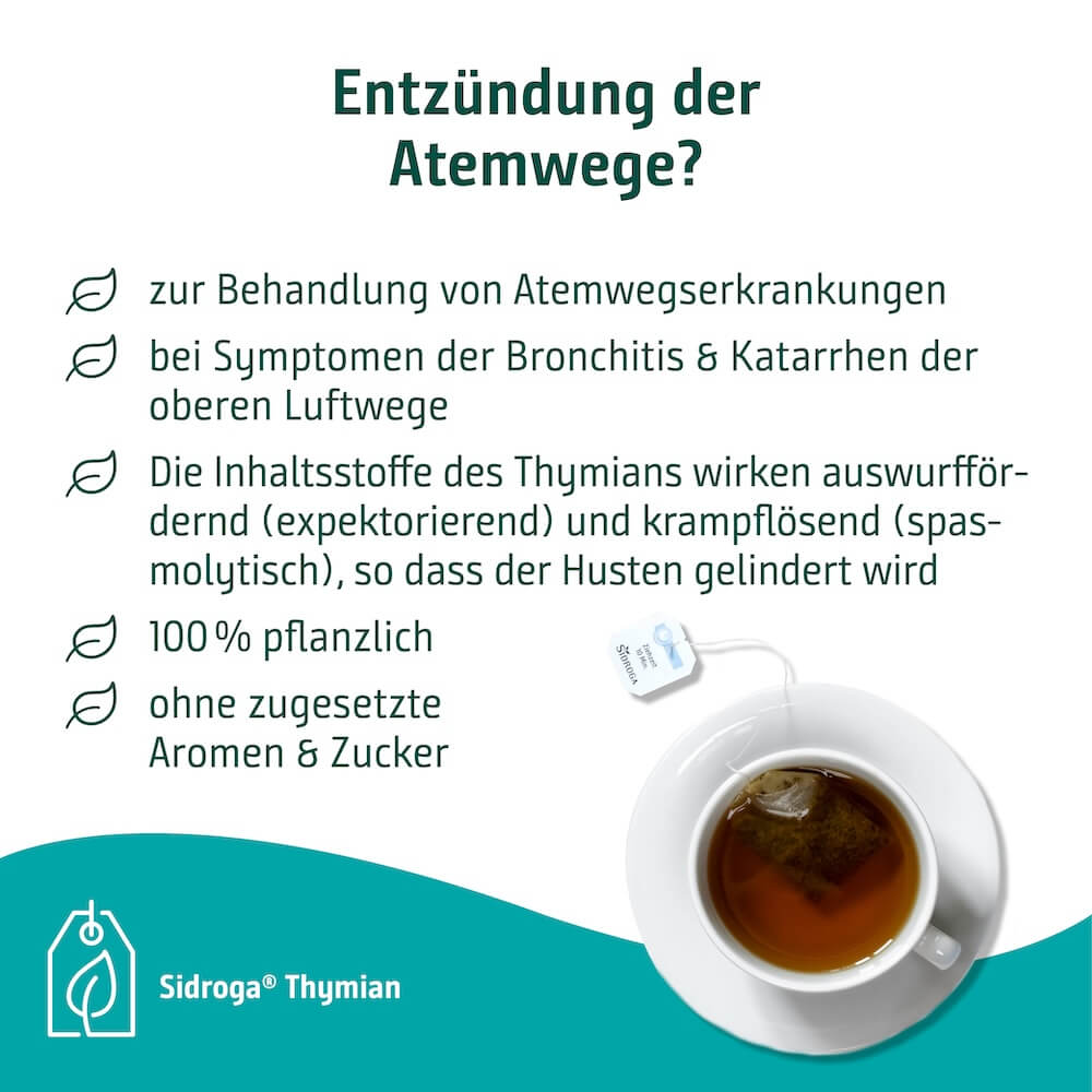 Sidroga Thymian Arzneitee unterstützt die Behandlung von Atemwegserkrankungen und hilft bei Bronchitis sowie Katarrhen der oberen Luftwege.